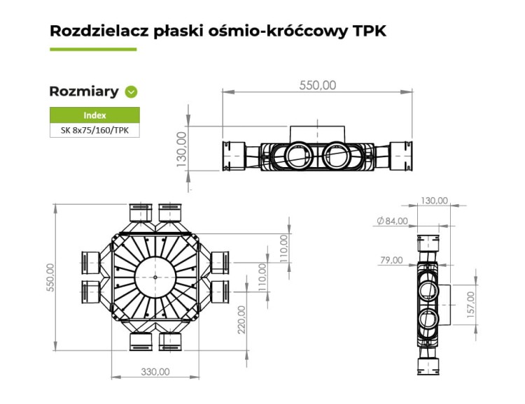 Rozdzielacz rekuperacji skrzynka rozdzielcza 8x75/160/TPK z odejściem 160mm — zdjęcie 2