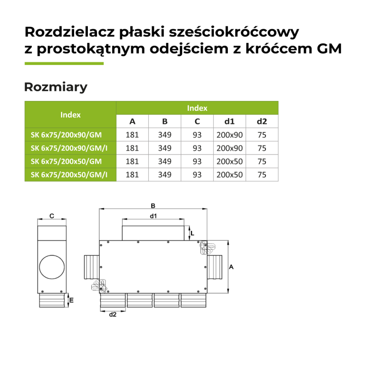 Rozdzielacz płaski z wyj. prostokąt. 6X75/200X90 OC z króćcem GM — zdjęcie 2