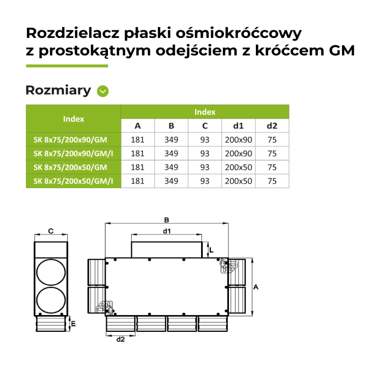 Rozdzielacz płaski z wyj. prostokąt. 8X75/200X50 OC z króćcem GM — zdjęcie 2