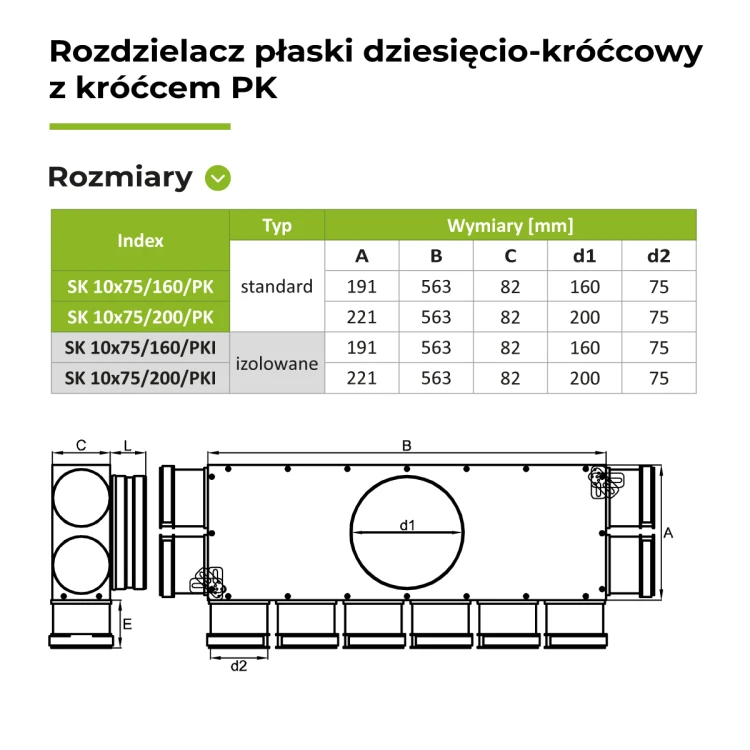 Rozdzielacz płaski izol. 10X75/160 OC z króćcem PK — zdjęcie 2