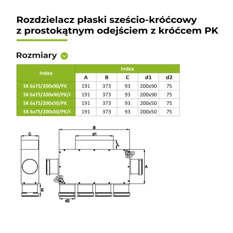 Rozdzielacz płaski z wyj. prostokąt. 6X75/200X90 OC z króćcem PK — zdjęcie 2