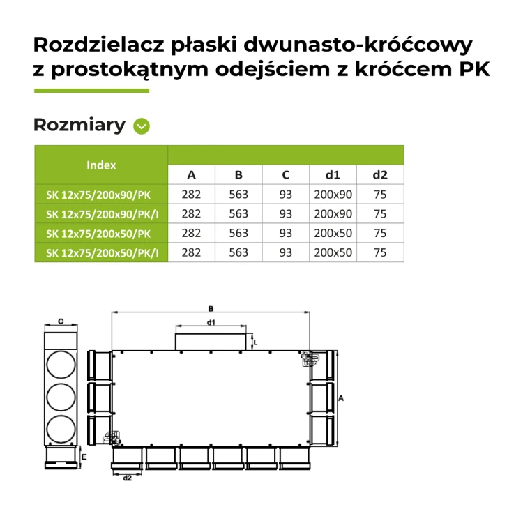 Rozdzielacz płaski z wyj. prostokąt. 12X75/200X90 OC z króćcem PK — zdjęcie 2