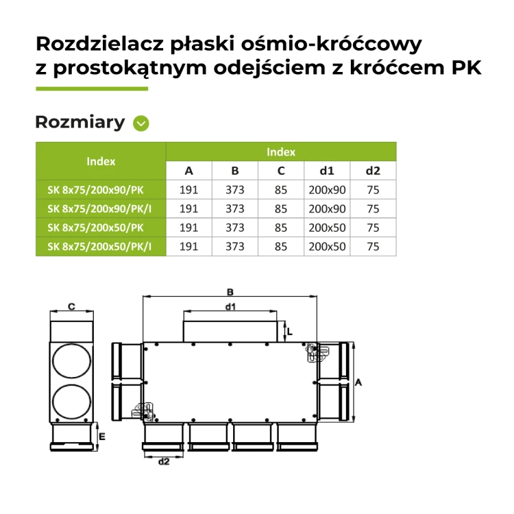 Rozdzielacz płaski z wyj. prostokąt. 8X75/200X90 OC z króććem PK — zdjęcie 2