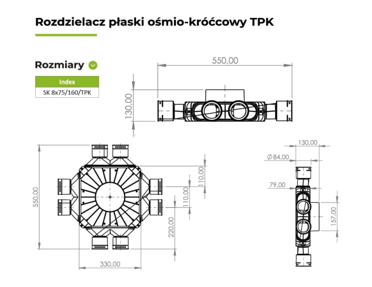 Rozdzielacz rekuperacji skrzynka rozdzielcza 8x75/200/TPK z przyłączem 200mm wysokość 84mm — zdjęcie 2